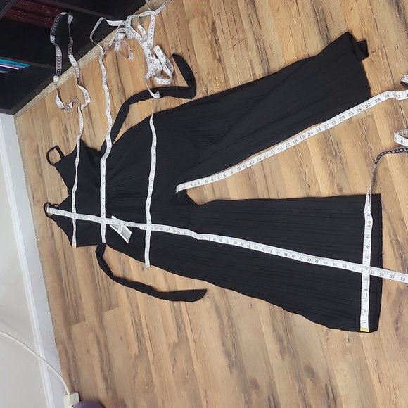 LEMITE Black Wrap Top Adjustable Strap Waist Sash Wide Acordian Leg Jumpsuit - Picture 14 of 16